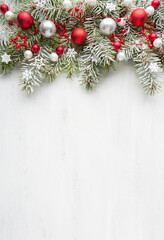 Snow-covered spruce branches  decorated with Christmas ornaments on old white wooden shabby board with empty space for text. Christmas and New Year background with holiday decorations. Flat lay © Antonel
