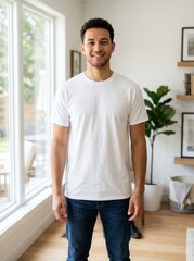 Fototapeta premium Portrait of a smiling young adult multiethnic man wearing a blank white t-shirt standing indoors in a bright modern living room