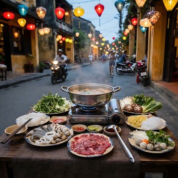 Vietnamese Hot Pot Lau boiling on a small tabletop burner, surrounded by plates of raw sliced beef, fresh seafood, mushrooms, and leafy greens, Hoi an