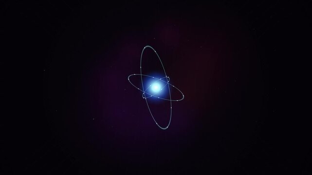 Abstract animation of a blue pulsar flashing light with rotating orbital rings in deep dark space