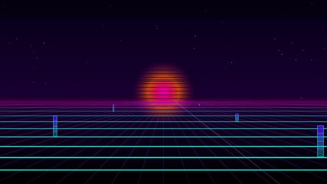 Retro 80s Synthwave Background with Neon Laser Grid Perspective and Glowing Sunset Horizon Loop
