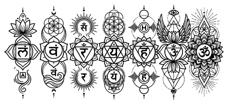 Seven chakra symbols set. Spiritual sacred geometry icons for yoga and meditation design.
