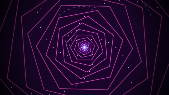 Abstract deep purple and pink hexagonal geometric wormhole tunnel with particles and depth perception