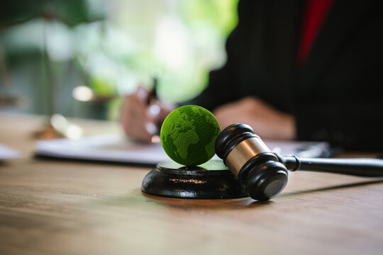 Judge's gavel above a green globe symbolizing environmental law, ESG compliance, climate justice, and sustainable governance.