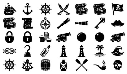 Black monochrome pirate adventure icon set with anchors treasure maps swords locks ships and nautical symbols isolated on white background © Jahangir