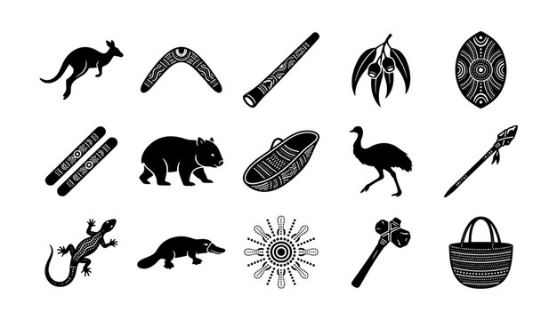 Aboriginal culture icons set, 15 black vector silhouettes of Australian animals and indigenous tools, traditional tribal symbols and wildlife