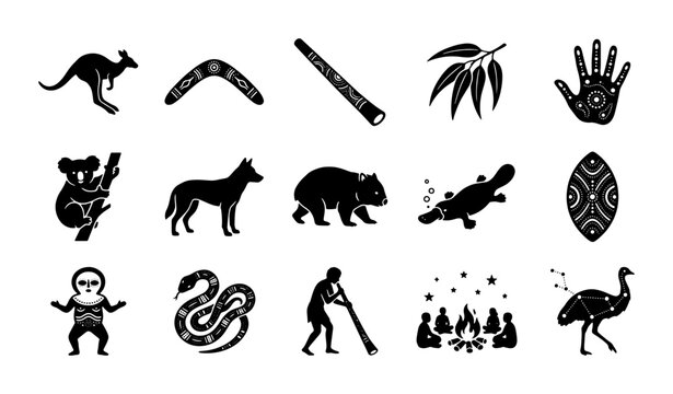 Aboriginal Australian culture icons set, 15 black silhouette indigenous symbols and wildlife vectors, traditional tribal art elements for education