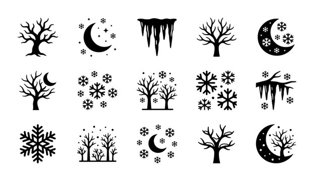 Winter nature icon set with 15 black vector silhouettes, bare trees and snowflakes collection, icicles and crescent moon symbols for seasonal design