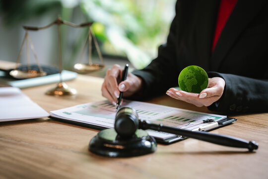 Judge's gavel above a green globe symbolizing environmental law, ESG compliance, climate justice, and sustainable governance.