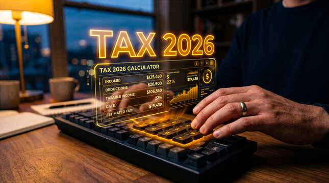 Person uses tax calculator on computer with glowing interface in home office. Evening light from window brightens wooden desk. Concept of finance, accounting, tax preparation