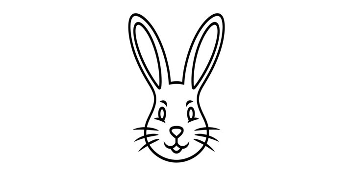 Cute cartoon rabbit head drawing with long ears and whiskers as a simple black and white line art illustration for children coloring book pages