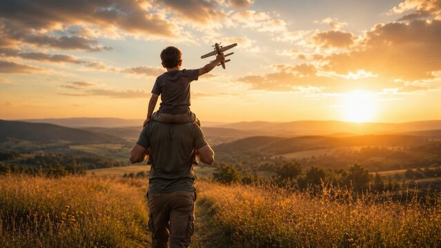 Father carrying son on shoulders with toy airplane in grass field at sunset, airplane