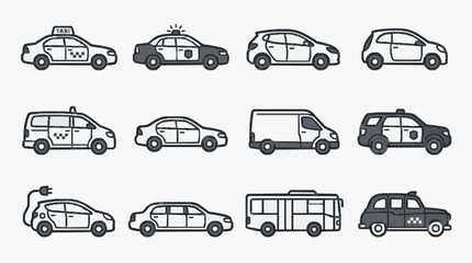 Elegant Collection of Monochromatic Sketch Vehicles Including Taxis Police Cars Vans Electric Cars and Buses © Ciluwek