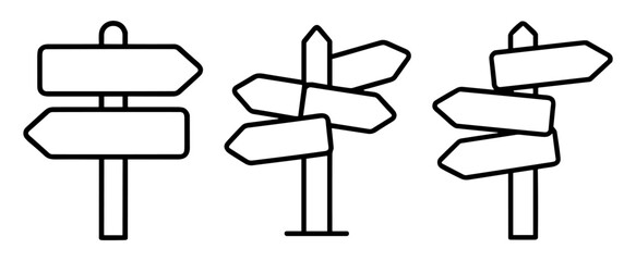 Set of three black outline signpost icons with multiple directional arrows on white background on transparent background © Артур Дацко