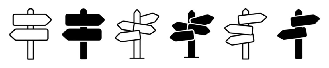 Collection of black and white directional signpost icons with various arrow configurations on transparent background © Артур Дацко