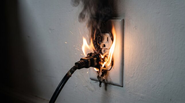 A dangerous electrical fire at a wall outlet, with a burning plug and smoke illustrating a serious home safety hazard caused by a short circuit or faulty wiring
