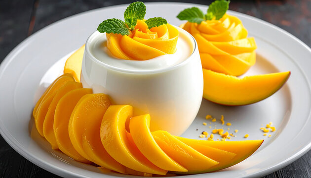 Yogurt with mango spiral decorative fruit pattern