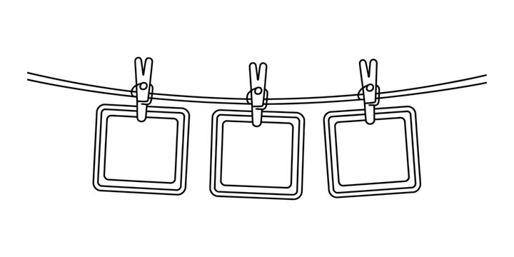 Three blank square photo frames hanging on a clothesline with wooden pegs as a hand drawn black and white line art illustration for creative displays