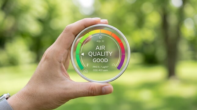 Hand holding circular air quality monitor displaying good levels in a green outdoor setting
