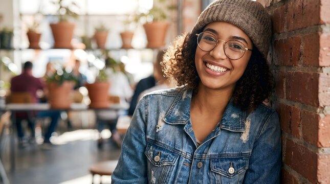 Happy young woman smiling while leaning against a brick wall in a cafe
