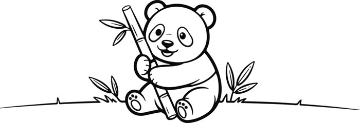 A cute panda bear sitting with bamboo shoots and leaves © Ringkon