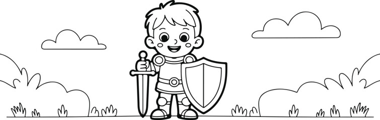 Cute cartoon boy dressed as knight with sword and shield standing outside