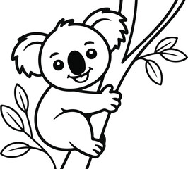 Cute cartoon koala bear climbing on tree branch with leaves © Ringkon