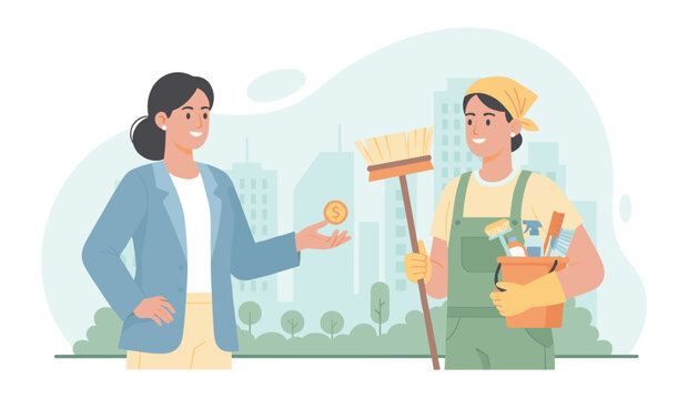Businesswoman in a blue blazer paying a female professional cleaner with a coin for cleaning services in the city.