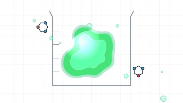 2D Animation of Green Gelatinous Slime Non-Newtonian Fluid in a Lab Beaker with Molecular Structures