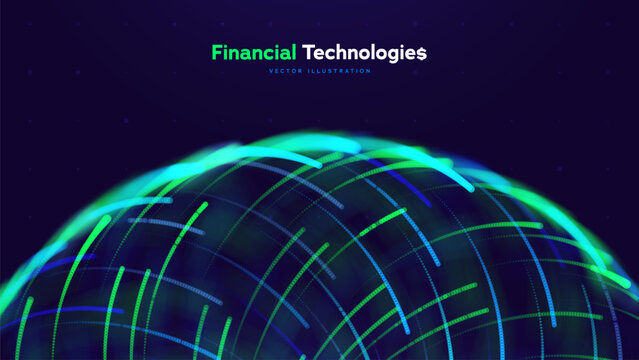 Financial Technology Data Wave Digital Finance Layout Shows Flowing Circle Lines For App Landing Page, Investment Platform, Payment Banner, And Corporate Presentation Cover. Vector Illustration.