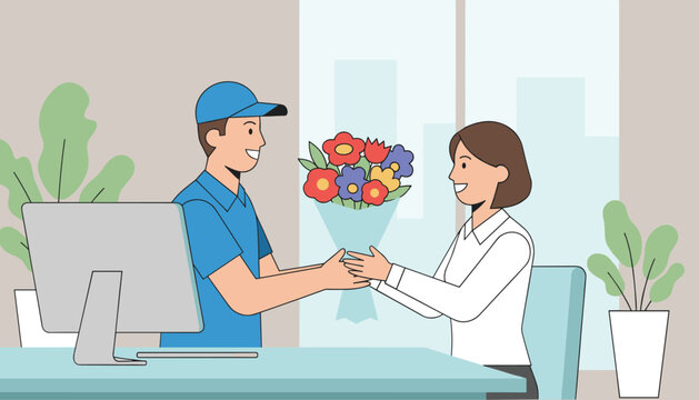 Delivery courier in blue uniform giving a beautiful flower bouquet to a pleased female office worker at her work desk.