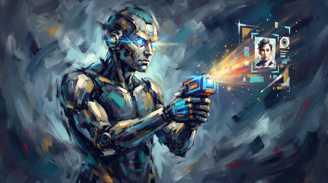 Futuristic Cyborg Robot Scanning Human Face for Recognition Digital Art Painting