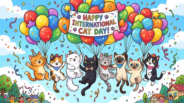 Happy international cat day illustration with cats floating on balloons