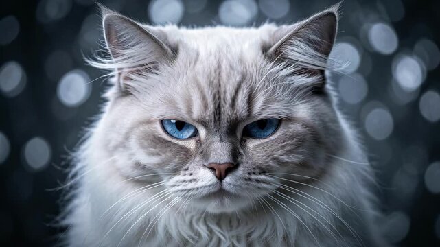 Gray Longhaired Cat Portrait With Blue Eyes.