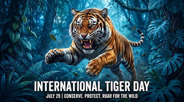 International tiger day banner with roaring tiger in lush jungle, big cat
