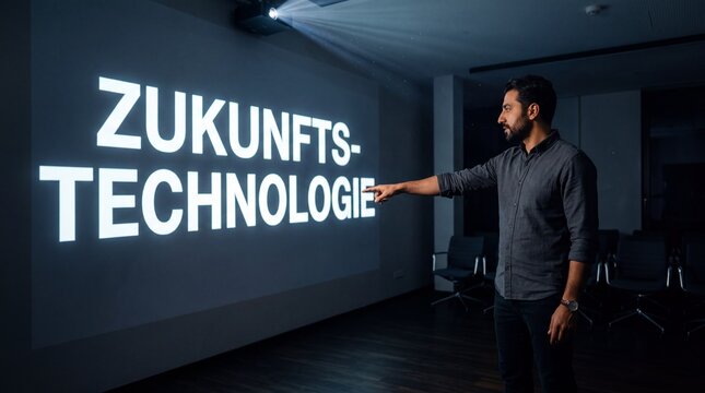 Mann mittleren Alters zeigt auf projizierten Schriftzug Zukunftstechnologie im dunklen Schulungsraum