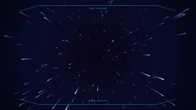 Futuristic Sci-Fi Hyperspace Jump Through Starfield with HUD Interface and High Speed Warp Effect