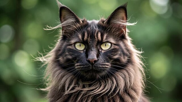 Longhaired Tabby Cat Portrait with Green Bokeh.