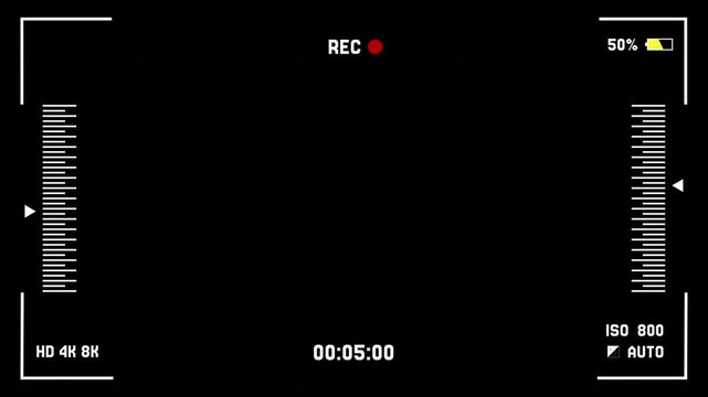 30 seconds frame Camera viewfinder recording screen adjusts camera sensor overlay on black screen background. UHD Resolution, alpha channel, Frame 29.97 FPS. for video overlay template