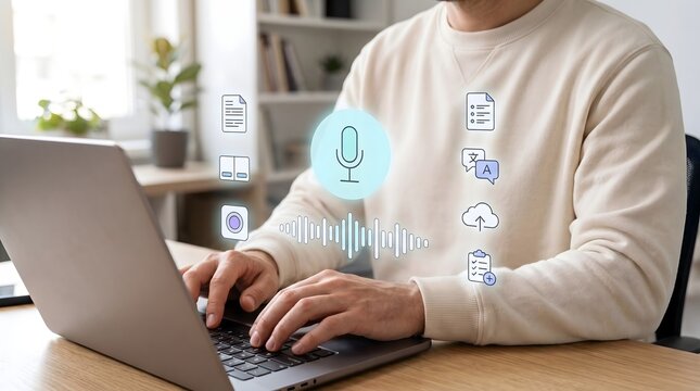 Digital assistant voice command interface with laptop user and abstract icons