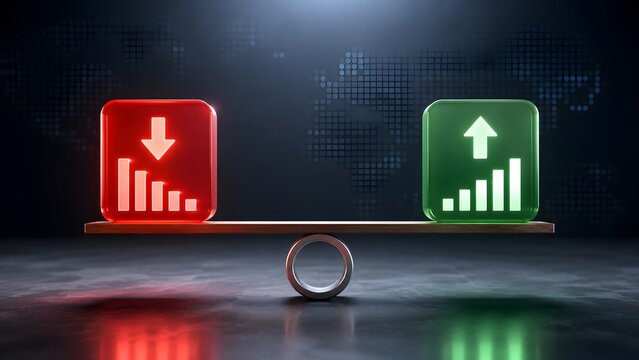 Financial market risk balance showing glowing red downward loss and green upward profit charts on wooden seesaw scale