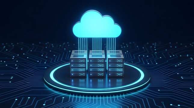 Cloud server infrastructure: Big data center computing platform with glowing blue digital circuits