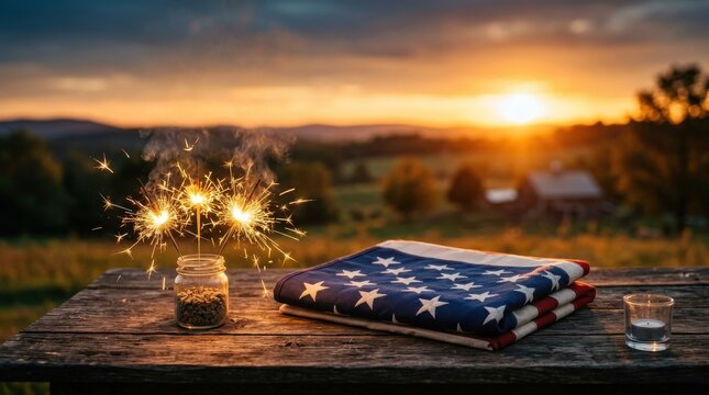Sparklers glowing near folded american flag on rustic wooden table during sunset