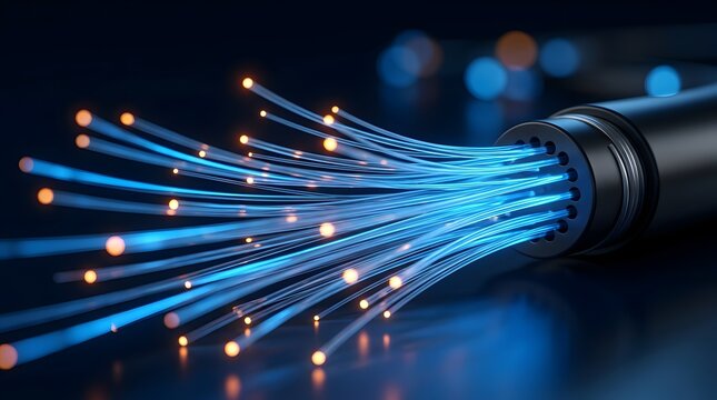 Macro close-up of fiber optic cable transmitting glowing light signals for high-speed internet