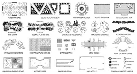 Naklejka premium Landscape Architecture CAD Symbols Collection with Pavement, Planting, Site Furniture and Urban Design Vector Elements Set