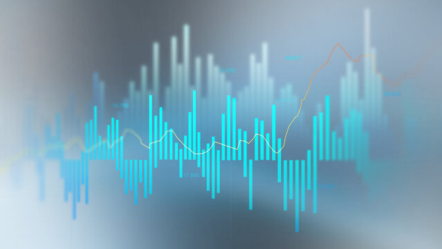 Transparent stock market chart with candlestick bars and rising trend line. Digital finance background showing trading, investment growth, profit analysis and economic data.	
