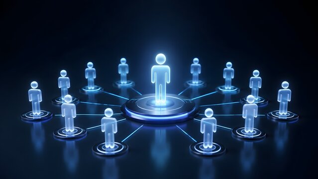 Corporate leadership network structure visualizing a glowing central figure connecting a team of holographic people on a digital platform