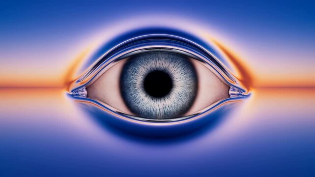 Close frontal motion of single eye opening within glossy liquid rim against warm-cool gradient