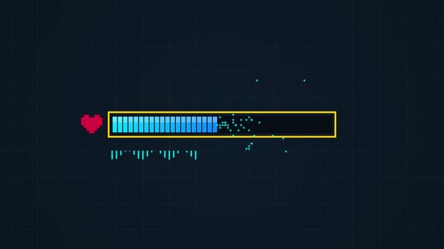 Retro 8-bit Pixel Art Gaming Health Bar Filling Up with Heart Icon for Game User Interface Animation