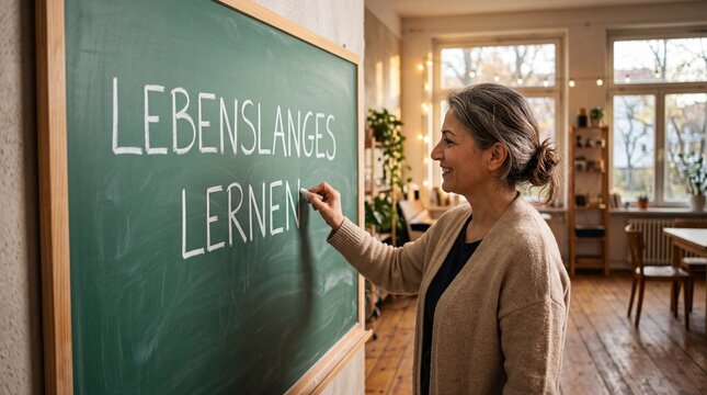 L&auml;chelnde Frau mittleren Alters schreibt lebenslanges Lernen an eine gr&uuml;ne Kreidetafel im Klassenzimmer